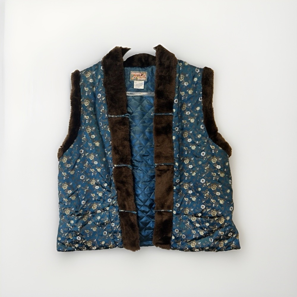 April Cornell Vest Womens M/L Blue Floral Faux Fur Trim Quilted Chinoiserie